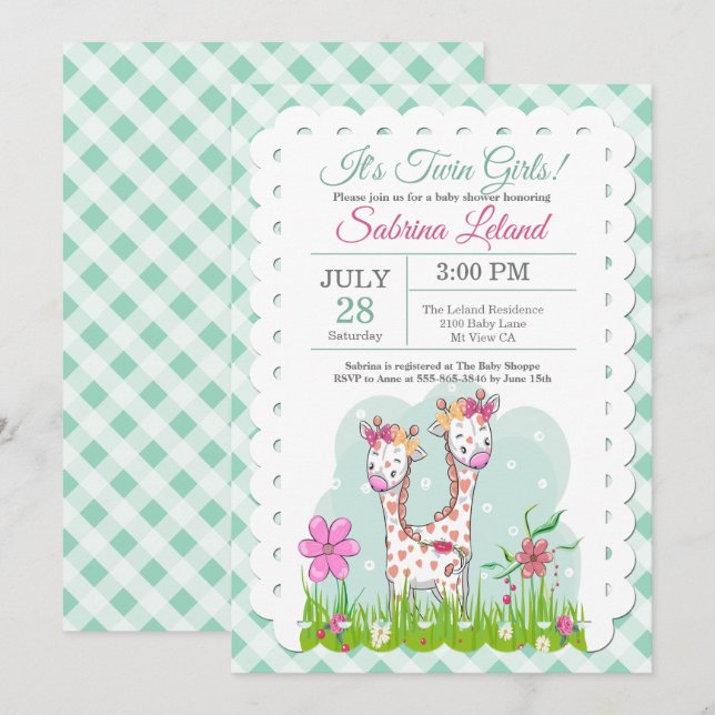 Adorable Twin Girls Giraffes Baby Shower Invitation (Front/Back)