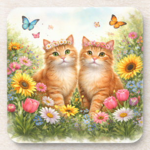 Adorable Twin Orange Tabby Cats with Flower Crowns Coaster