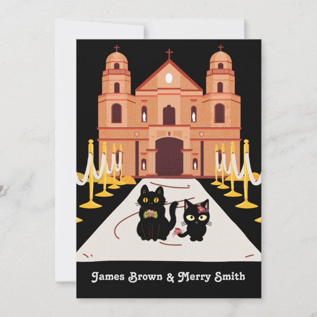 Adorable Two Black Cats Church Wedding Invitation (Front)