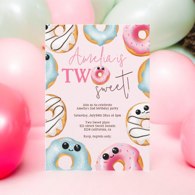 Adorable Two sweet cute doughnuts 2nd birthday  Invitation (Adorable Two sweet cute donuts 2nd birthday Invitation on pink)
