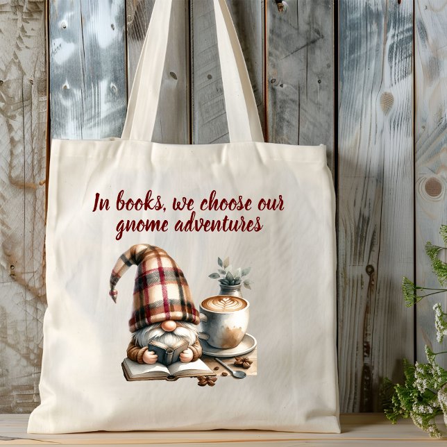 Adorable Two-Tone Watercolor Gnome Gift Tote Bag (In books, we choose out gnome adventures tote bag)