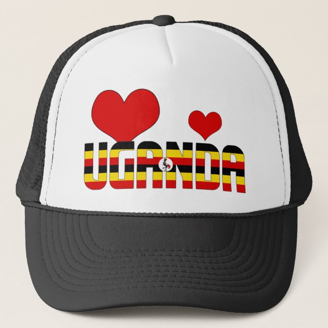 Adorable Uganda Flag Hearts Patriotic Trucker Hat (Front)