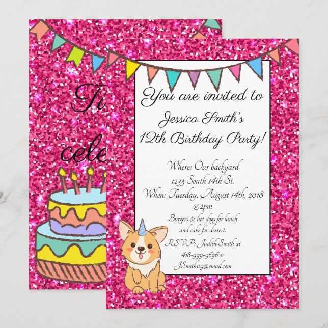 Adorable Unicorgi Glitter Birthday Invitation (Front/Back)