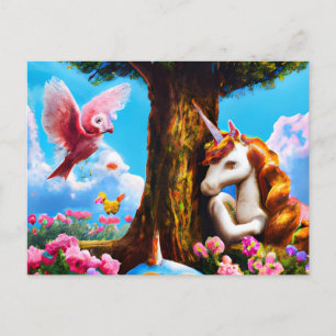 Adorable Unicorn and Pink Bird Fantasy Kids Art Postcard