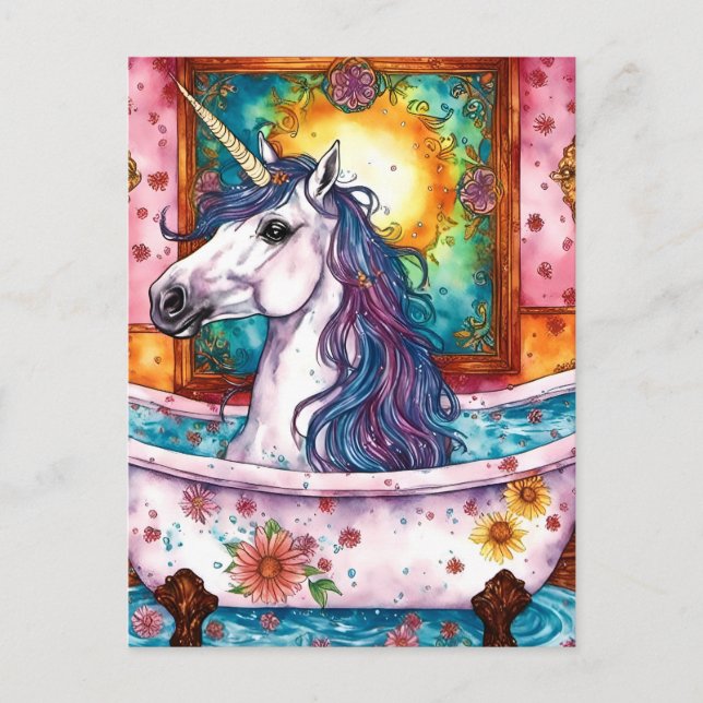 Adorable Unicorn Blue and Purple Mane in the Bath  Postcard (Front)