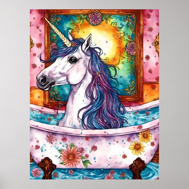 Adorable Unicorn Blue and Purple Mane in the Bath  Poster (Front)