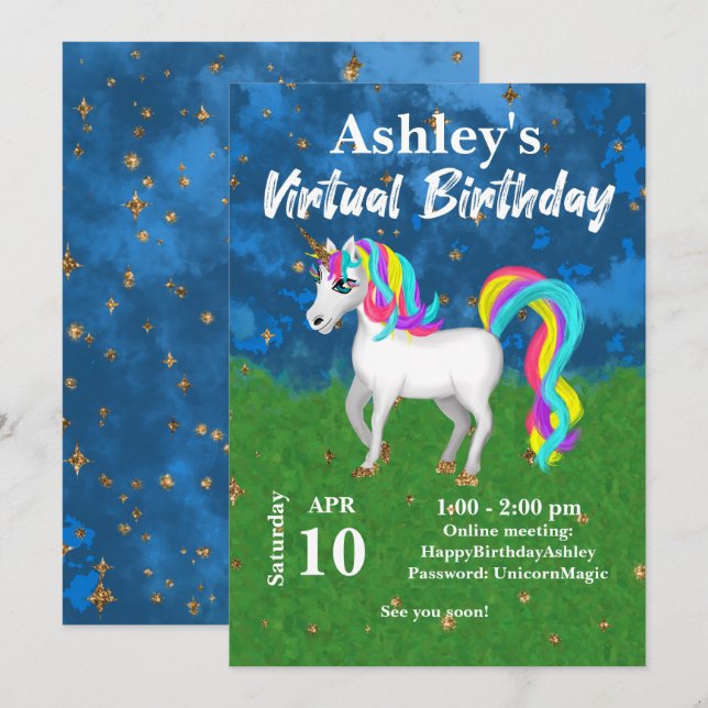Adorable Unicorn Bright Colours Virtual Birthday Invitation (Front/Back)