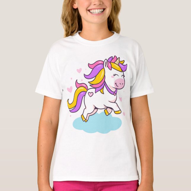 Adorable Unicorn Cartoon – Cute & Magical Girls’ T T-Shirt (Front)