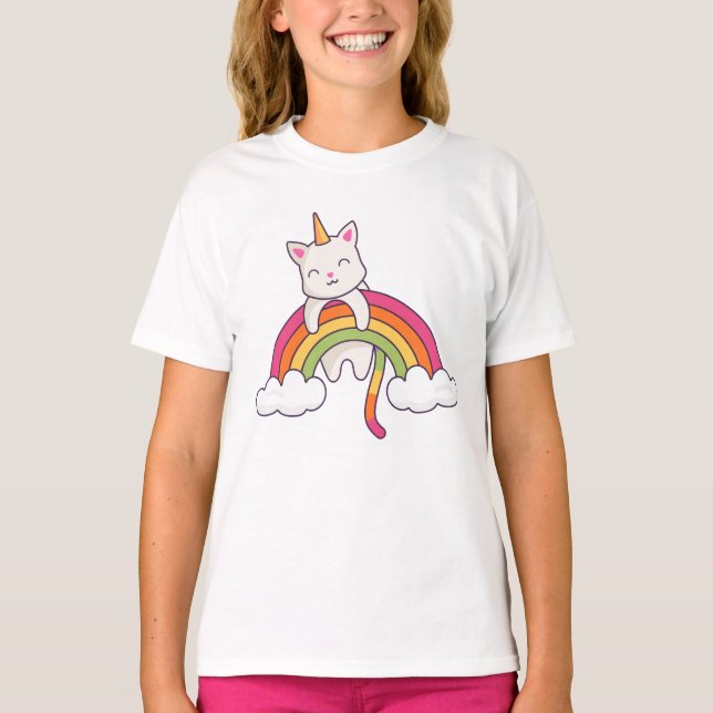 Adorable Unicorn Cat and Rainbow T-Shirt (Front)