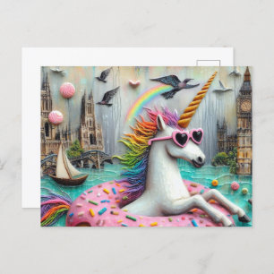 Adorable Unicorn floating on a Doughnut City River Postcard