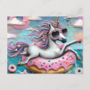 Adorable Unicorn floating on a Glazed Doughnut  Postcard