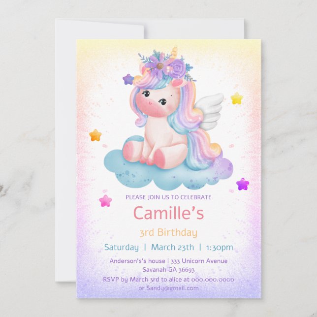 Adorable unicorn floral rainbow girl birthday invitation (Front)