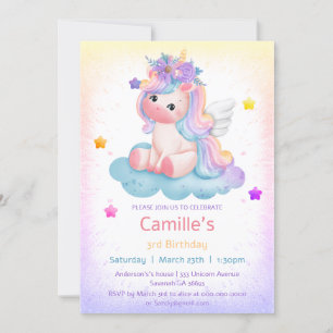 Adorable unicorn floral rainbow girl birthday invitation