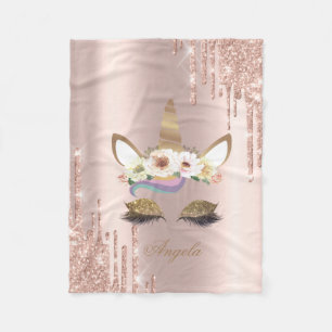 Adorable Unicorn Floral Rose Gold Glitter Drips Fleece Blanket