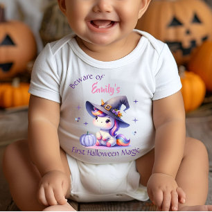 Adorable Unicorn Girls first Halloween with Name Baby Bodysuit