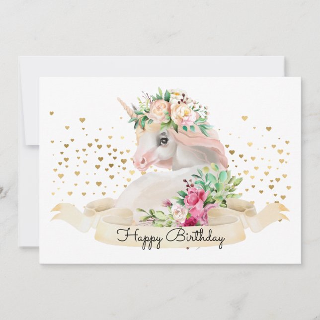 Adorable Unicorn Illustration Kids Happy Birthday Card (Front)
