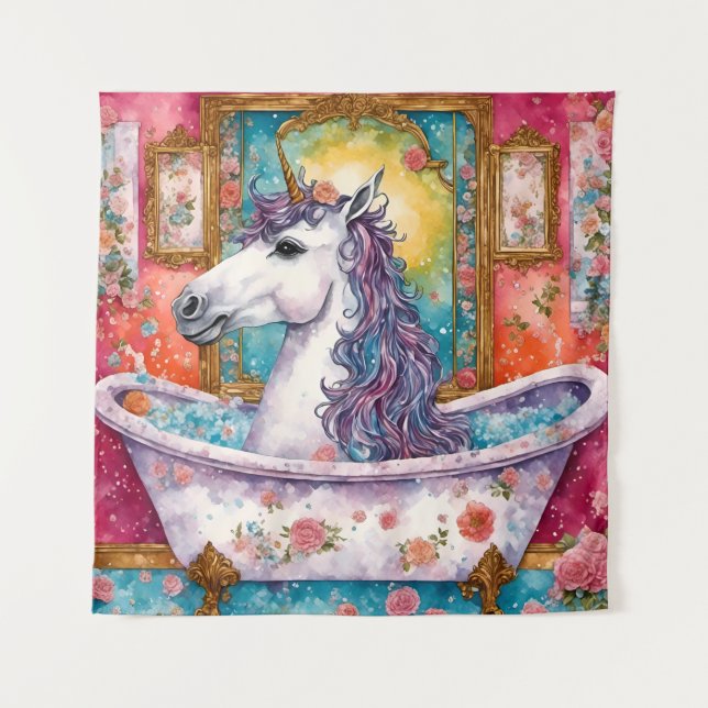 Adorable Unicorn in the Bath Tapestry (Front)
