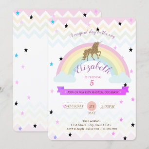 Adorable Unicorn,Rainbow Stars Birthday Invitation