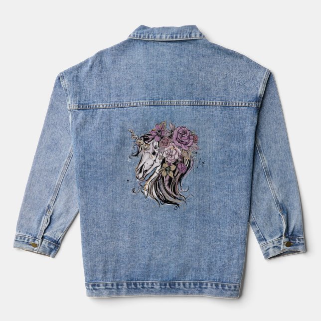 Adorable Unicorn Skull and Flowers Boho Denim Jacket (Back)