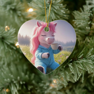 Adorable Unicorn with a coffee and Your Own Photo Ceramic Tree Decoration