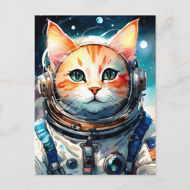 Adorable USA Astronaut Cat Postcard (Front)