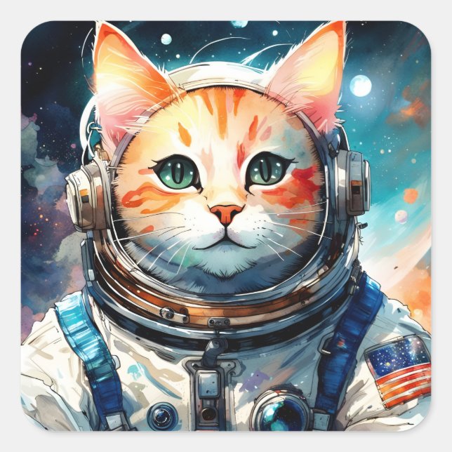 Adorable USA Astronaut Cat Square Sticker (Front)