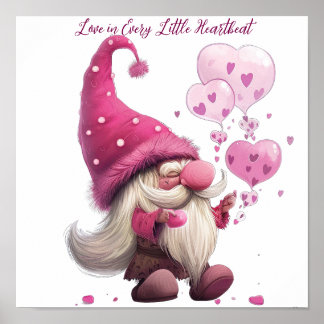 Adorable Valentine’s Day Gnome with Heart Balloons Poster