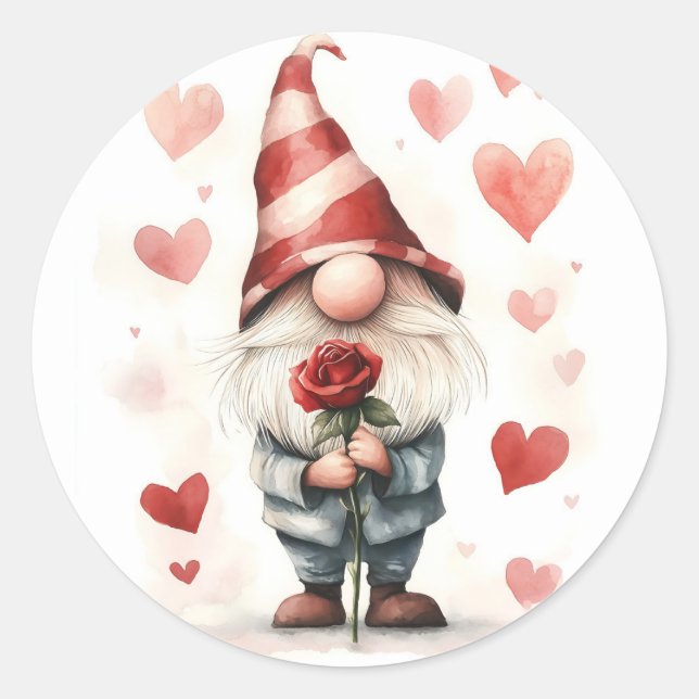 Adorable Valentine's Gnome: with a Rose Classic Round Sticker (Front)