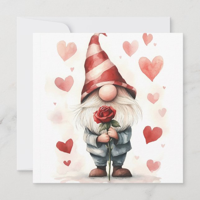 Adorable Valentine's Gnome: with a Rose Invitation (Front)