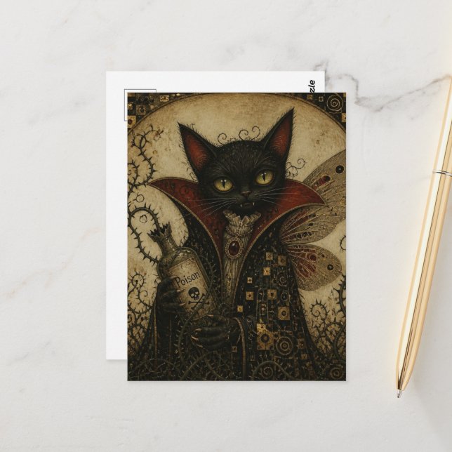 Adorable Vampire Black Cat Fairy Postcard (Front/Back In Situ)