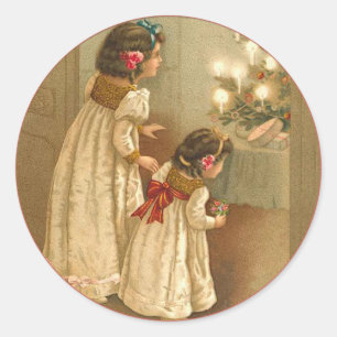 Adorable Victorian Illustration of Two Girls Classic Round Sticker