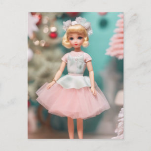 Adorable Vintage Blonde Doll in Pink Christmas  Postcard
