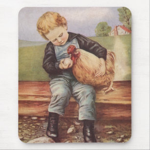 Adorable Vintage Boy and Chicken Mouse Mat