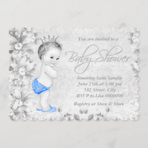 Adorable Vintage Boys Blue and Grey Baby Shower Invitation