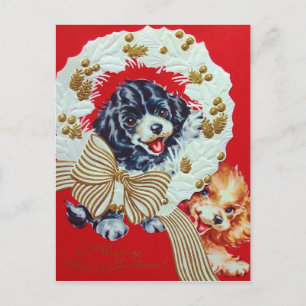 Adorable Vintage Christmas Cocker Spaniel Puppies Holiday Postcard