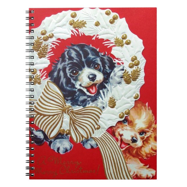 Adorable Vintage Christmas Cocker Spaniel Puppies Notebook (Front)