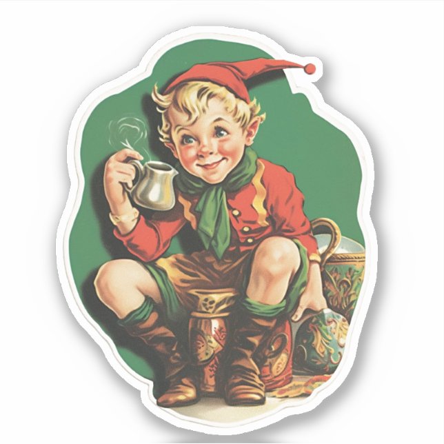 Adorable Vintage Christmas Elf Coffee Break (Front)