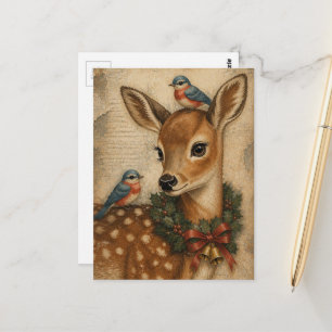 Adorable Vintage Christmas Fawn and Birds Postcard