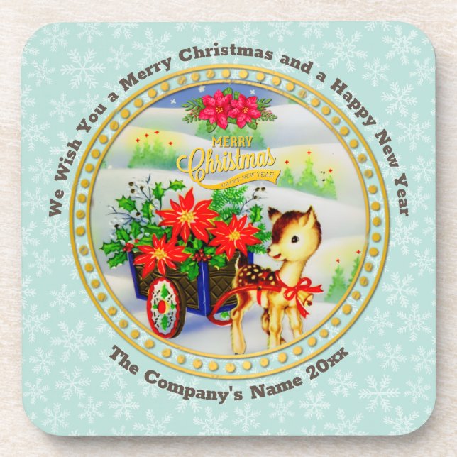 Adorable Vintage Christmas Reindeer & Flower Cart Coaster (Front)