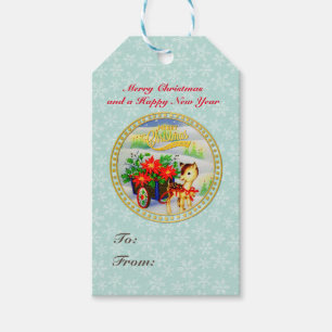 Adorable Vintage Christmas Reindeer & Flower Cart Gift Tags