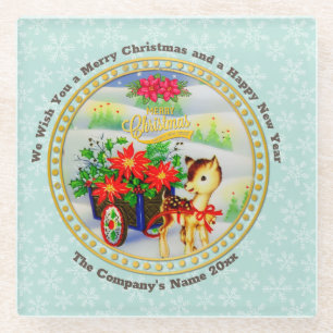 Adorable Vintage Christmas Reindeer & Flower Cart Glass Coaster