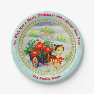 Adorable Vintage Christmas Reindeer & Flower Cart Paper Plate