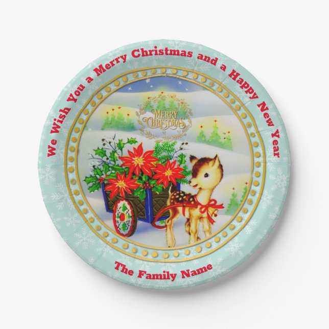Adorable Vintage Christmas Reindeer & Flower Cart Paper Plate (Front)