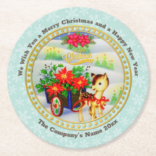 Adorable Vintage Christmas Reindeer & Flower Cart Round Paper Coaster