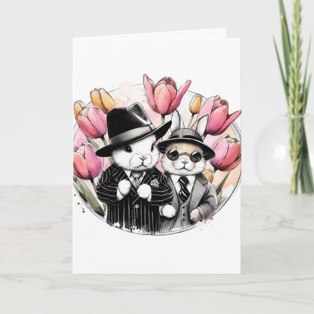 Adorable Vintage Easter Gangster Rabbits Holiday Card (Front)