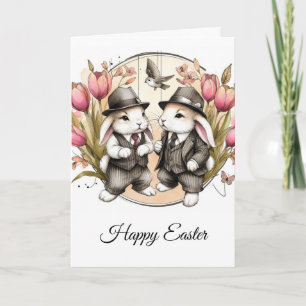 Adorable Vintage Easter Rabbits in Suits  Holiday Card