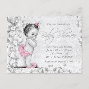 Adorable Vintage Pink and Grey Baby Shower Invitation