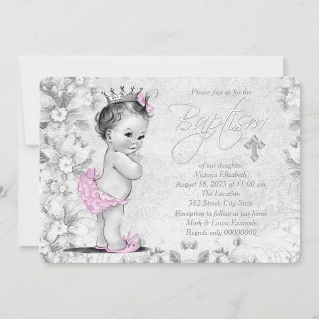 Adorable Vintage Pink and Grey Baptism Invitation (Front)