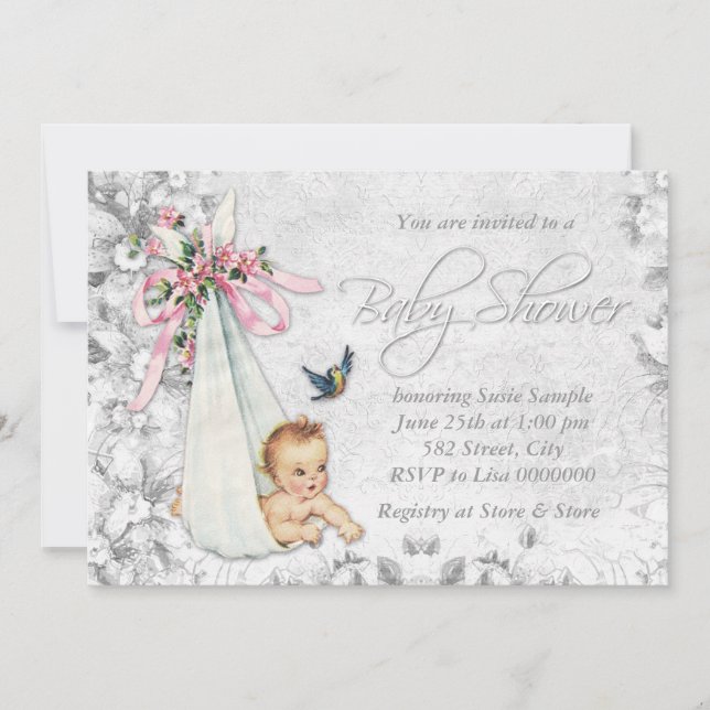 Adorable Vintage White Baby Shower Invitation (Front)