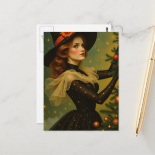 Adorable Vintage Witch Decorates the Yule Tree Postcard